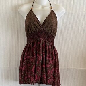 Green Y2K Babydoll Halter Top Size S Brown Pink Floral Cotton Fairy Boho Earthy